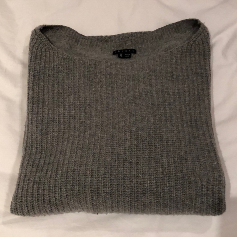 Theory Women’s Grey Wool Boatneck Ribbed Sweater
